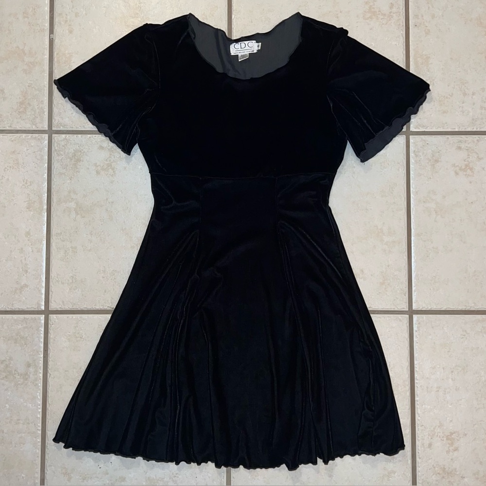 Caren Desiree Company 90s Black Velour Velvet Scalloped Mini Dress Size 10